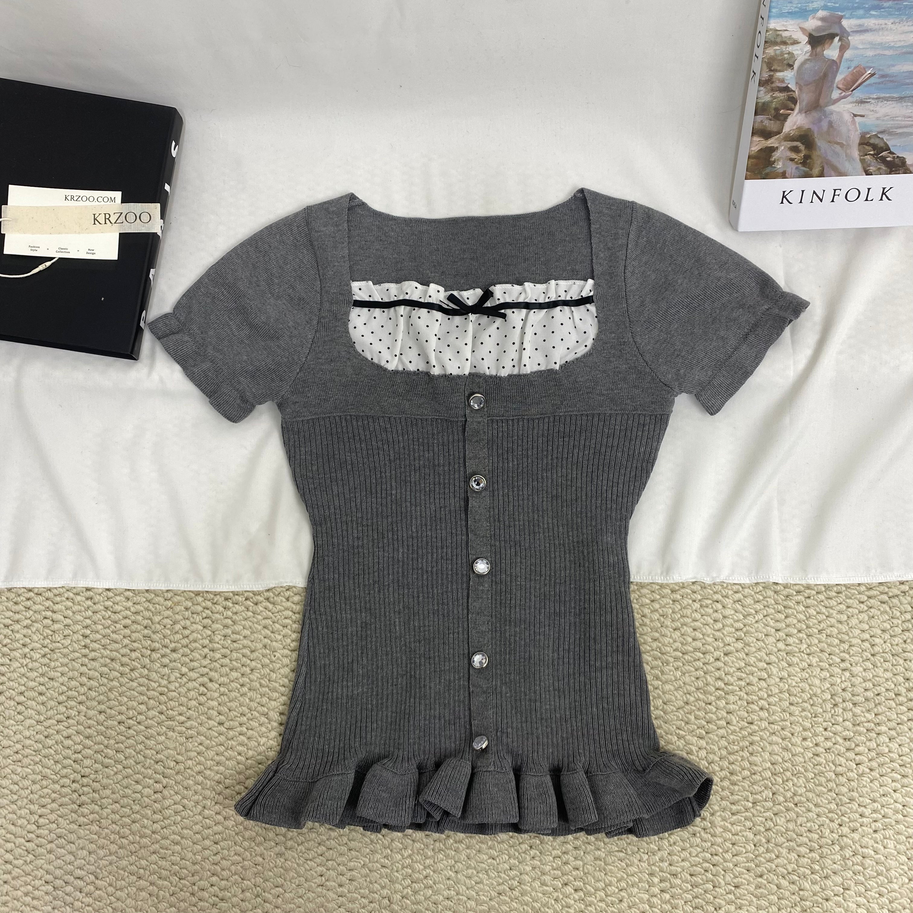 Polka Dot Button-Up Short-Sleeved Shirt