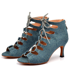 Women's Blue Denim Customized Heel Dance Boots Salsa JazDance Shoes