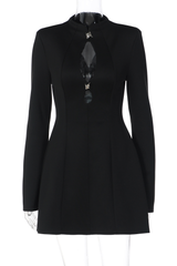 Stand Collar Slit Long Sleeve Cinch Waist Solid Color Mini Dresses-Black