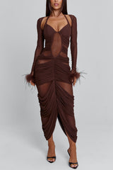 Feather Hem Bolero Halter Mesh Maxi Skirt Party 2pcs Set-Brown Pre Order