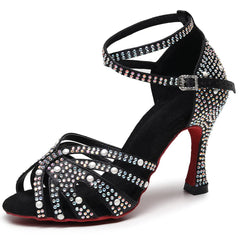 Women's Black Customized Heel Satin Rhinestones Strappy Ballroom Latin Dance Shoes