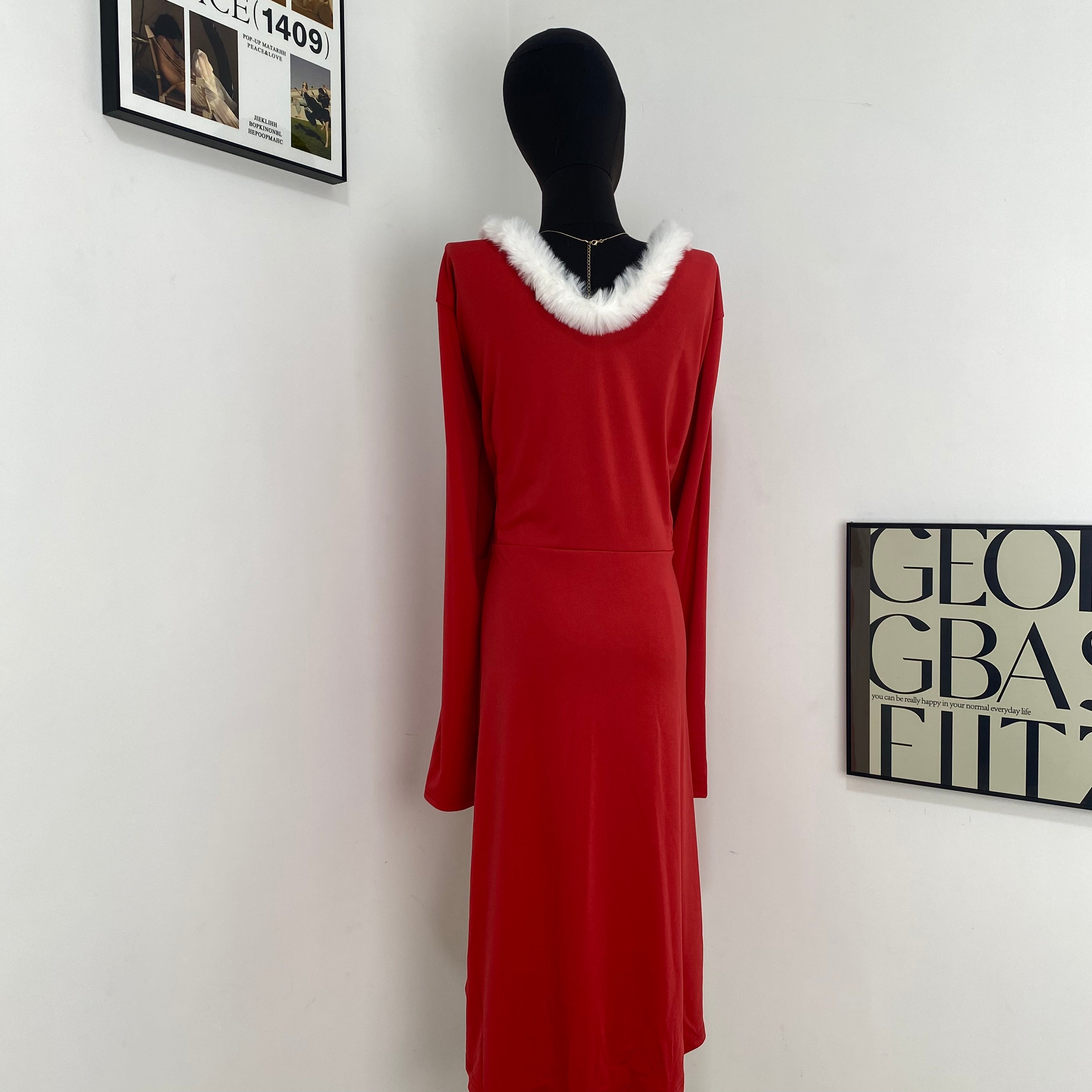 Fur-Trimmed V-Neck Dress