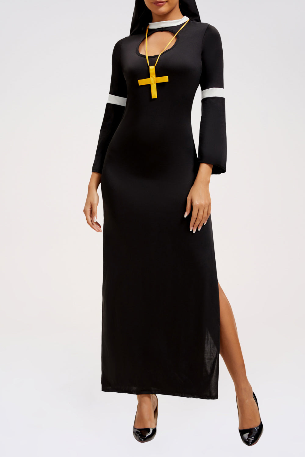 Cutout Flare Sleeve Slim Fit Side Slit Colorblock Nun Maxi Dresses-Black
