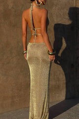 Shimmering Knit Halter O Ring Patchwork Maxi Dresses Gold