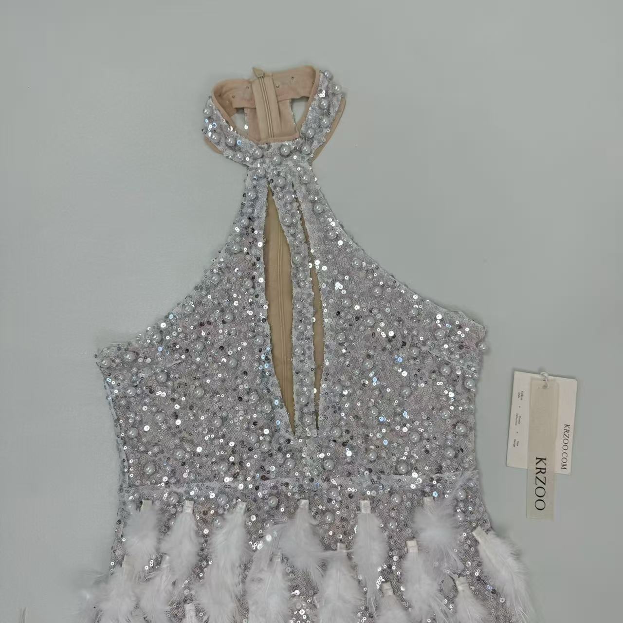 Backless pearl rhinestone feather dress