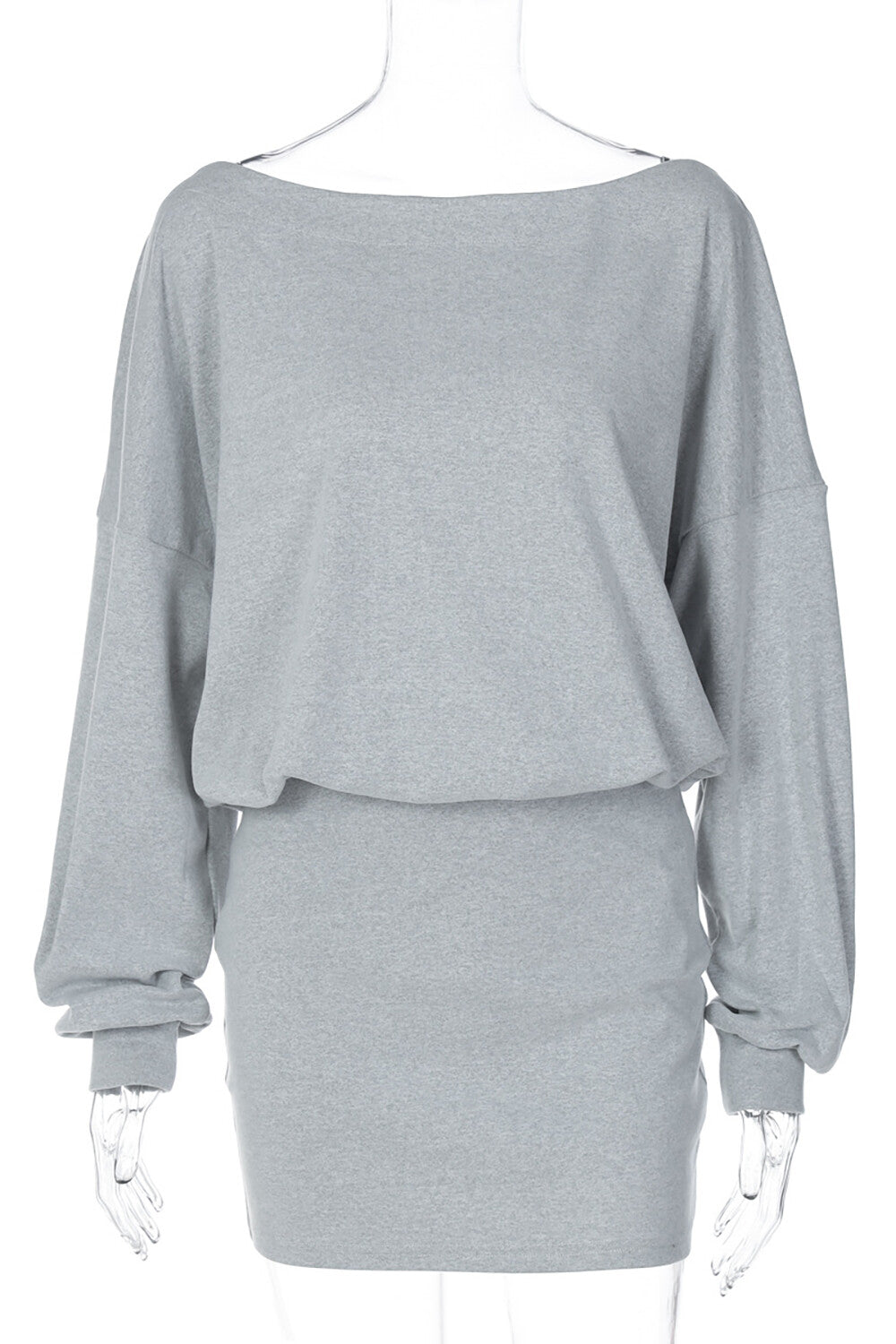 Off Shoulder Long Sleeve Solid Color Bodycon Casual Mini Dresses-Grey