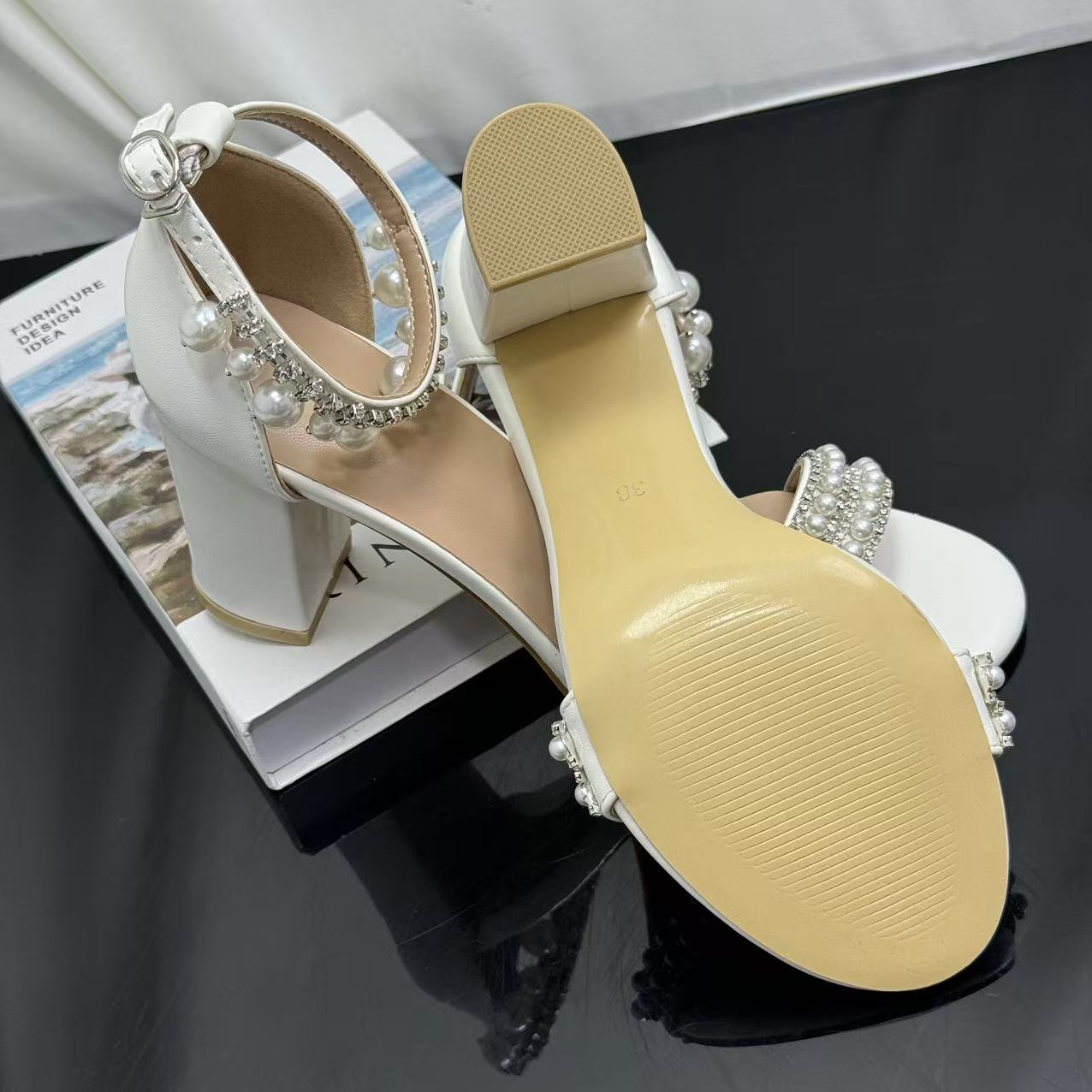White ankle strap pearl necklace sandals