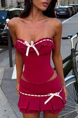 Lace Trim Ribbon Lace-Up Tube Top Pleated Mini Skirt 2pcs Set-Red Pre Order