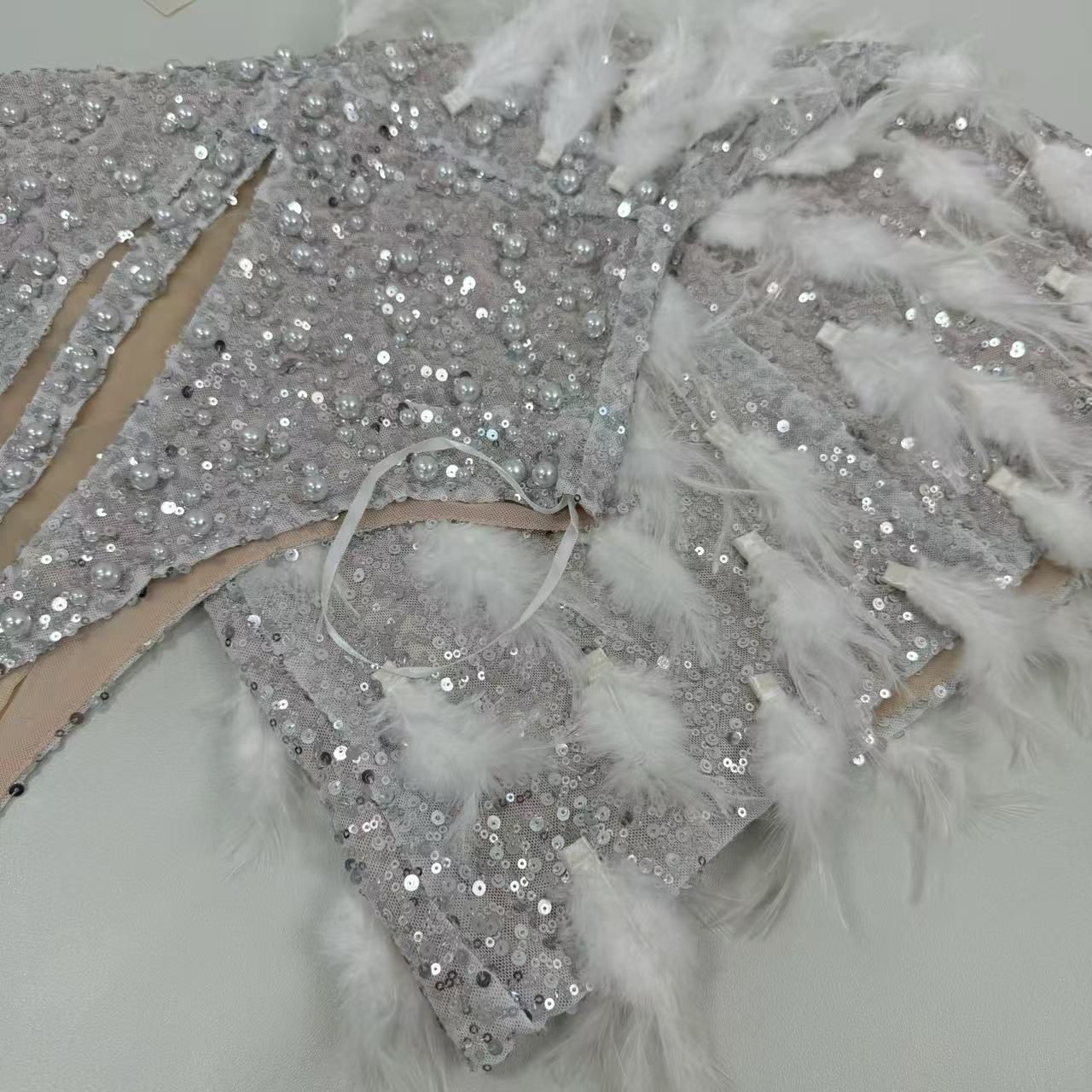 Backless pearl rhinestone feather dress