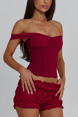 Off Shoulder Cinch Waist Top Shirred Mini Skirt 2pcs Set-Red Pre Order