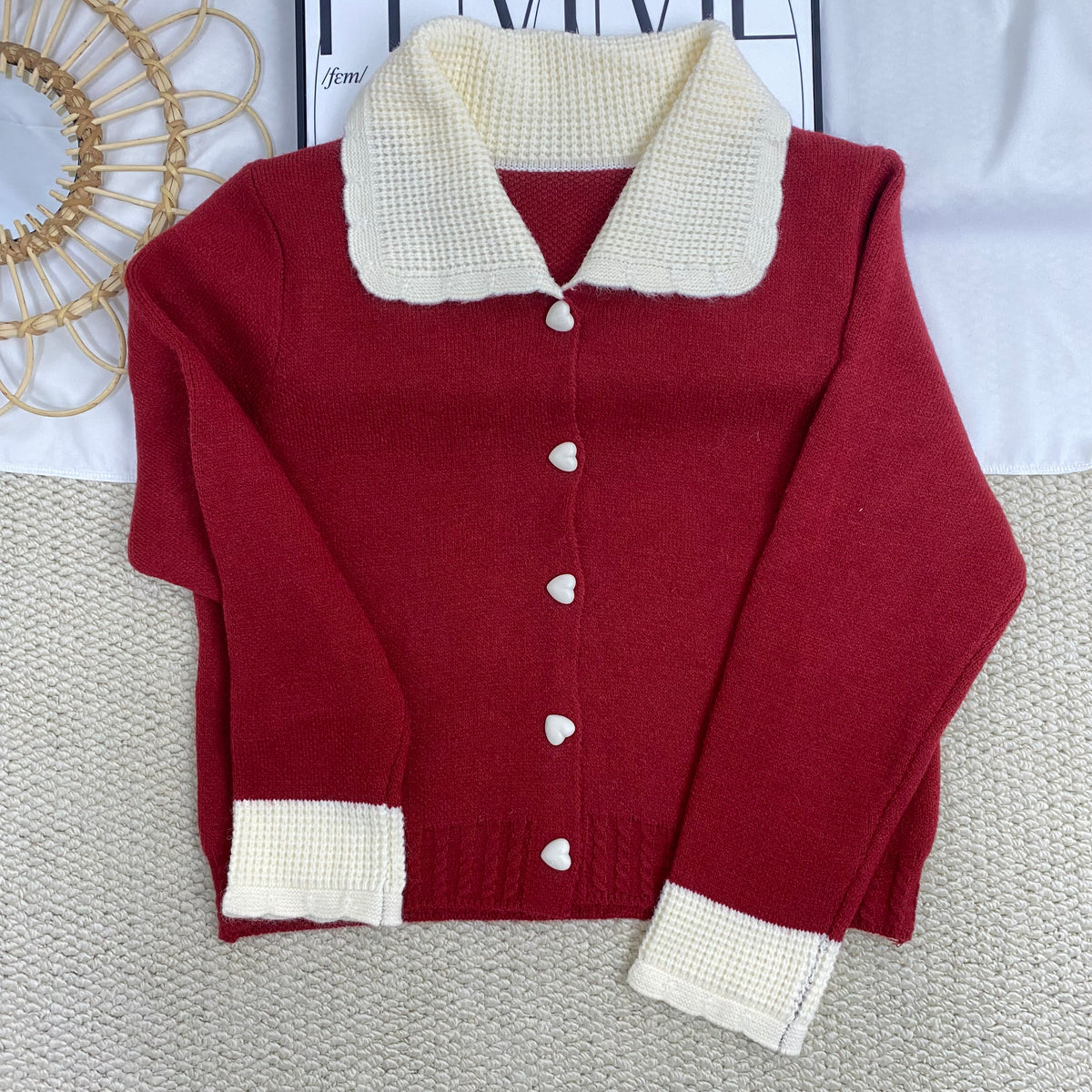 Doll Collar Contrast Color Cardigan
