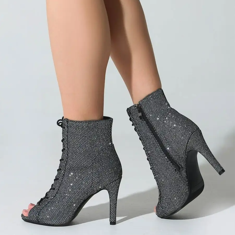 Women's Black 7.5cm/10cm Slim Heel Rubber Sole Leatherette JazShoes Open Toe Dance Heels Boots
