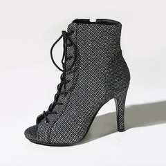 Women's Black 7.5cm/10cm Slim Heel Rubber Sole Leatherette JazShoes Open Toe Dance Heels Boots