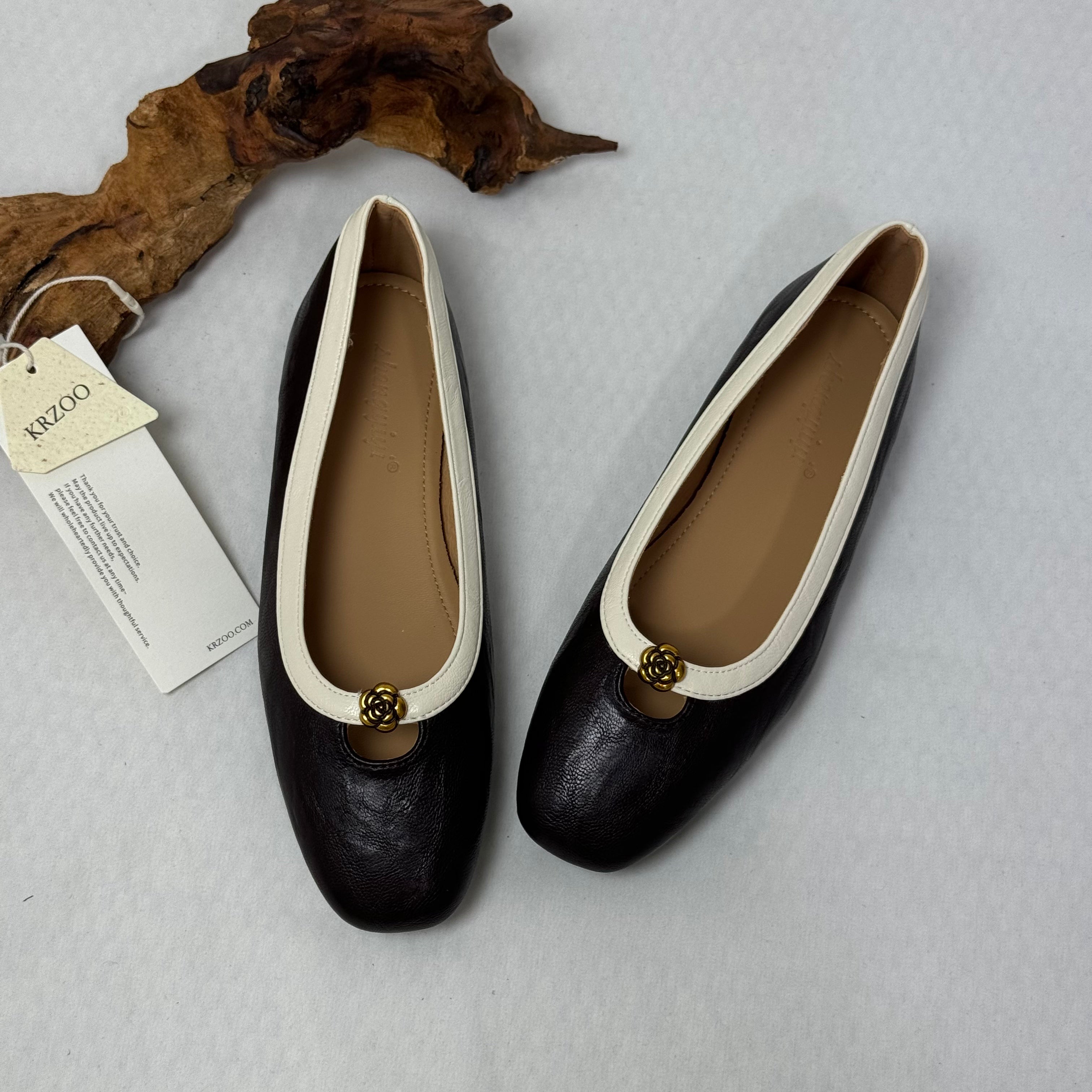 Leather round-toe low-heeled shoes
