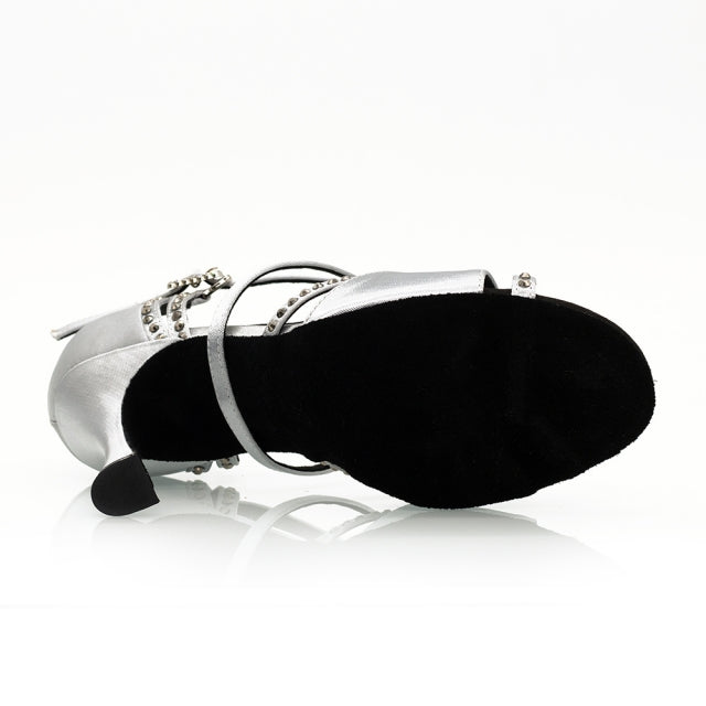Women's Silver Customized Heel Open Toe Strappy Dance Shoes with Crystals