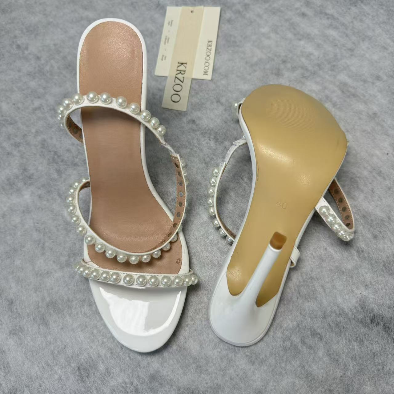 Open-toe rhinestone pearl high heels