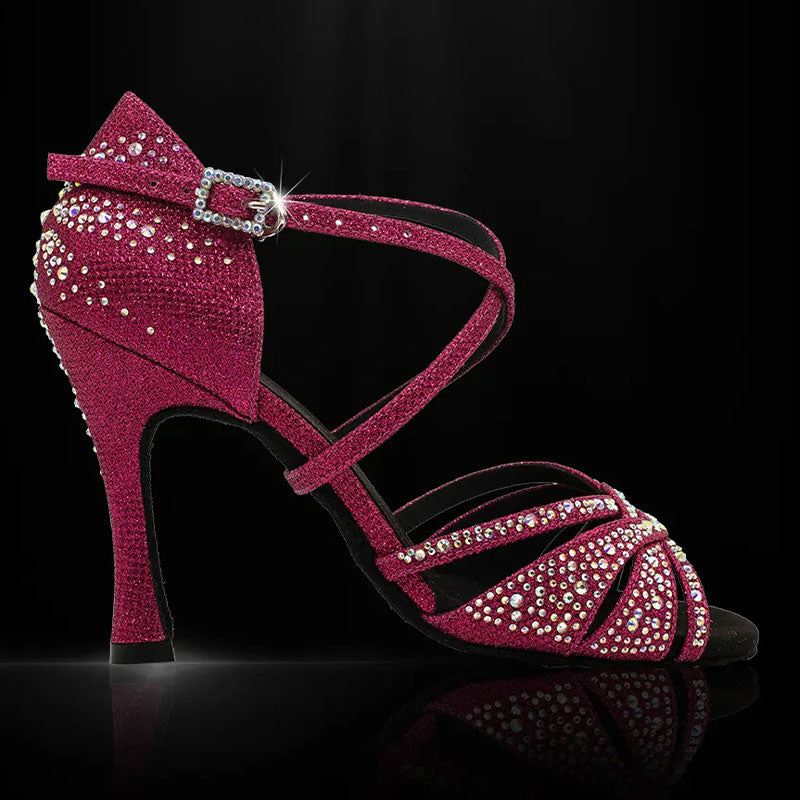 Women's Purple 10cm Heel Open Toe Strappy Dance Heels with Crystals