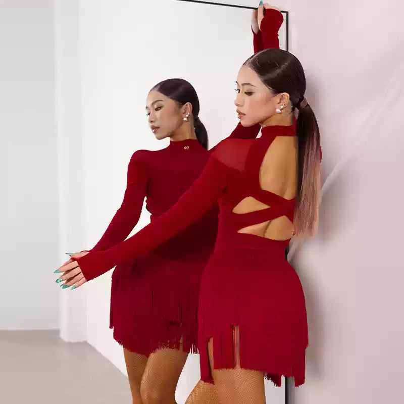 Women's Red Tassel Latin Dance Srt Training Performance Srts DanceWear