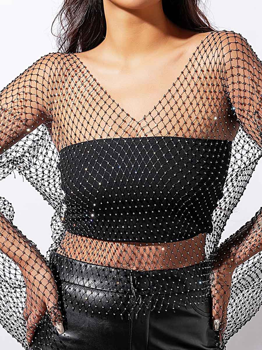 V-Neck Long Sleeve Sheer Short Rhinestone Mesh Shirt