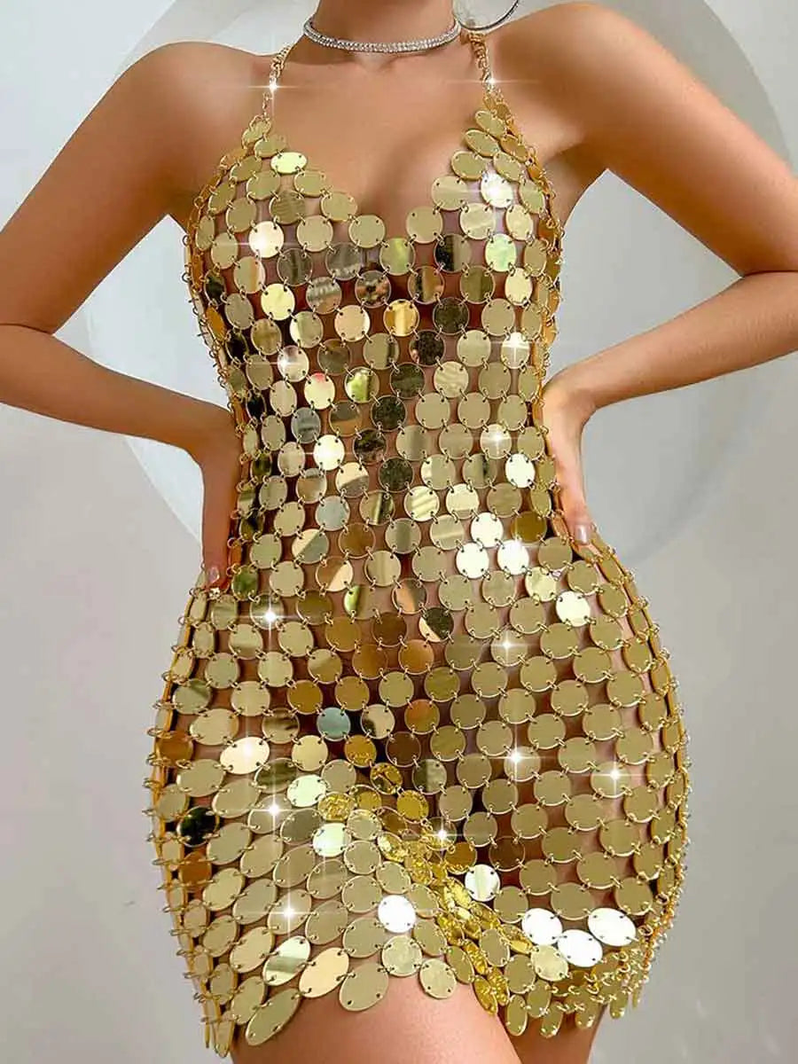 Sexy Backless Sparkling Disco Mini Gold Sequin Dress