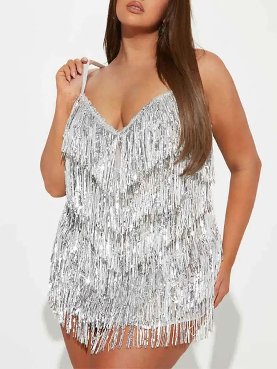 V-neck Strappy Side-zip Mini Silver Fringe Sequin Dress