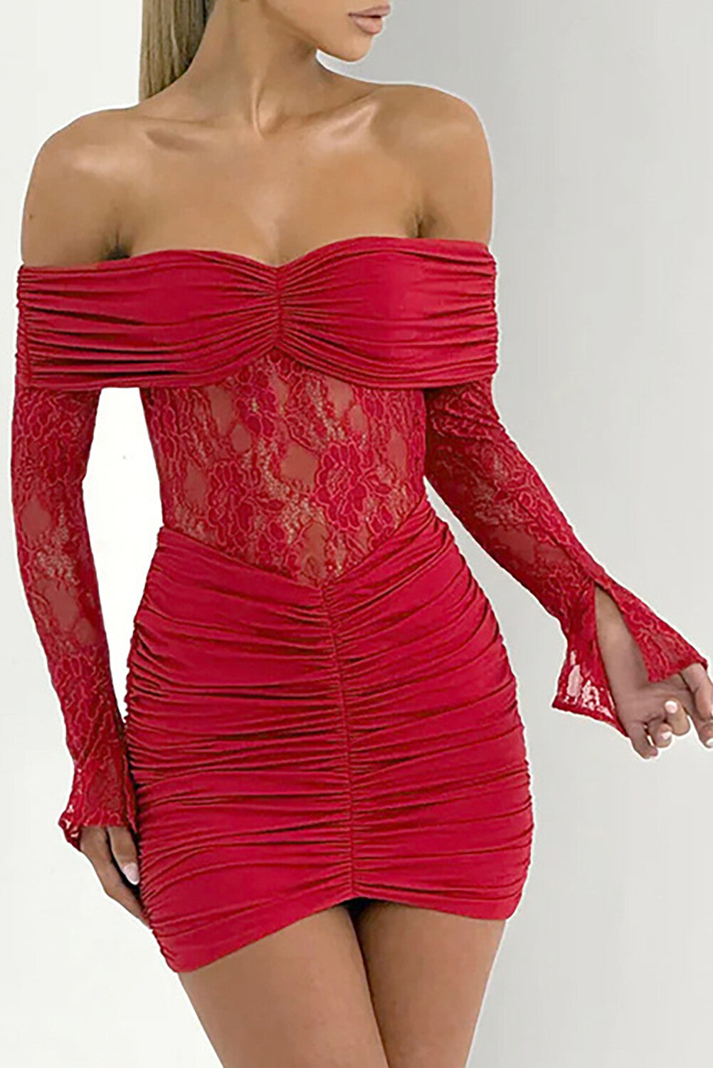 Off Shoulder Long Sleeve Lace Patchwork Ruched Fitted Mini Dresses-Red