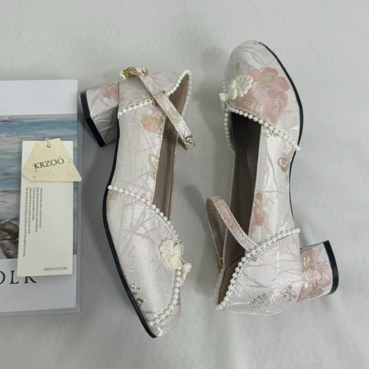 Block-Heel Shoes With Pearl-Embellished Straps