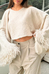 Knit Fringed Cuffs Flare Sleeve Loose Fit Sweater-Beige
