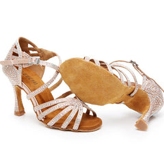 Women's Pink Strappy Satin Rhinestones Customized Heel Dance Shoes