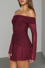 Off Shoulder Boat Neck Long Sleeve Ruched Mini Dresses-Burgundy
