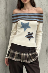 Knit Striped Stars Pattern Off Shoulder Long Sleeve Sweater-Beige