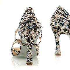 Women's Leopard 9cm Heel Strappy Satin Rhinestones Sandal Latin Dance Shoes