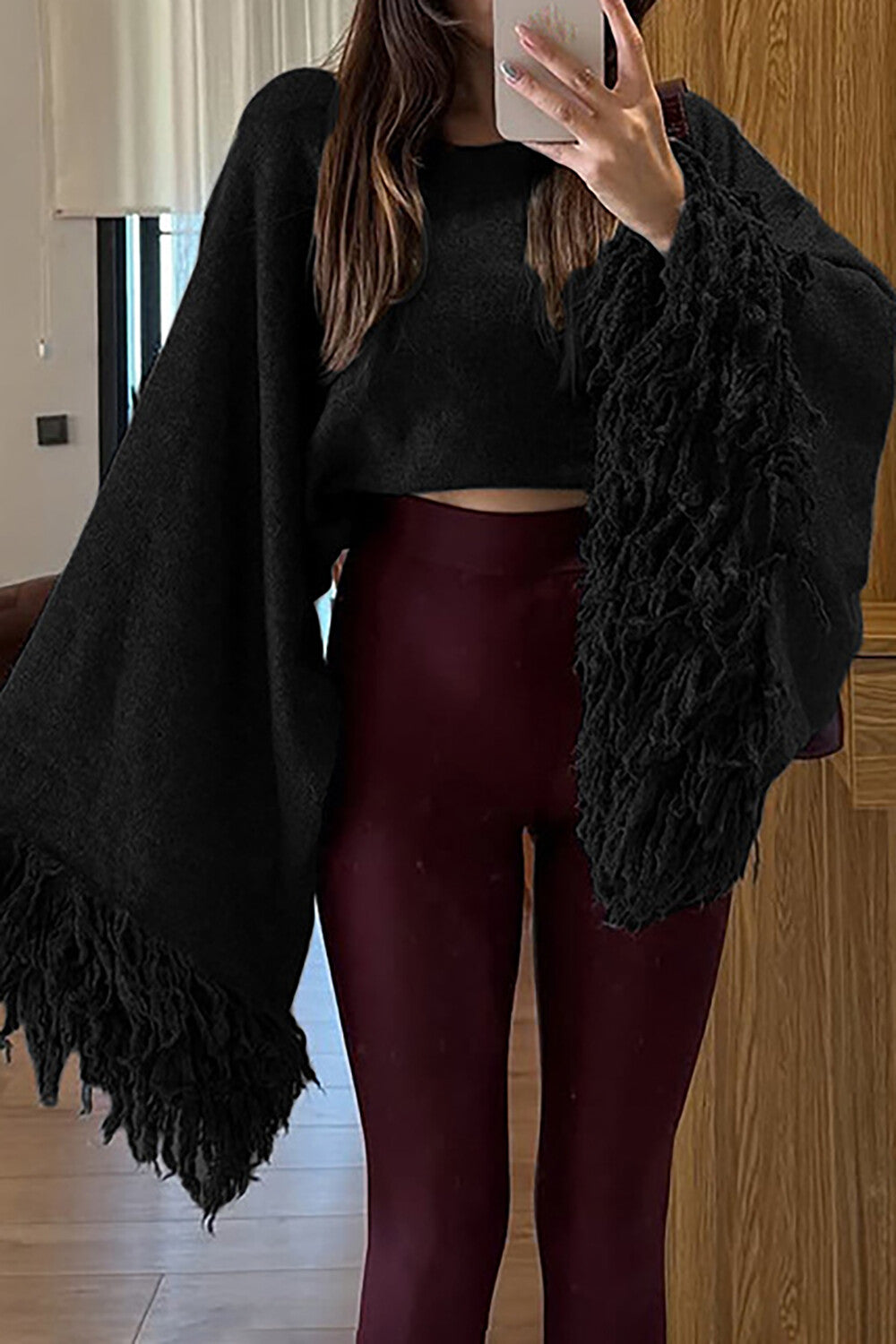 Knit Fringed Cuffs Flare Sleeve Loose Fit Sweater-Beige