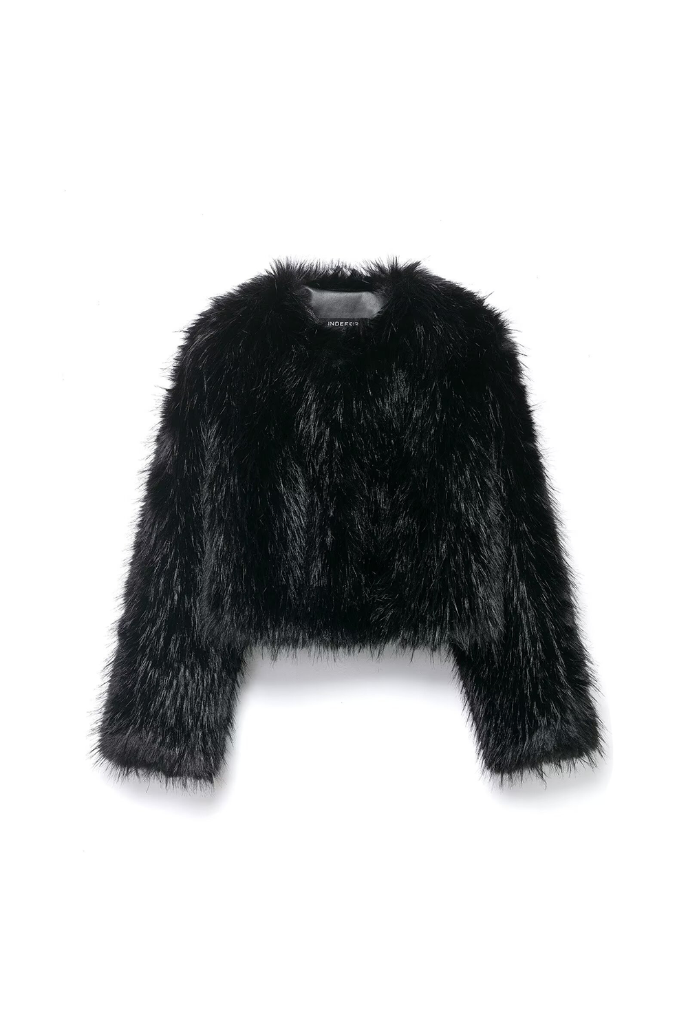 Faux Fur Long Sleeve Solid Color Fuzzy Crop Jacket-Black