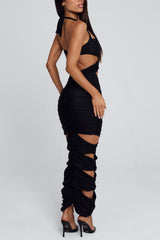 Halter Cut Out Ruched Slim Fit Tie Up Party Maxi Dresses-Black Pre Order