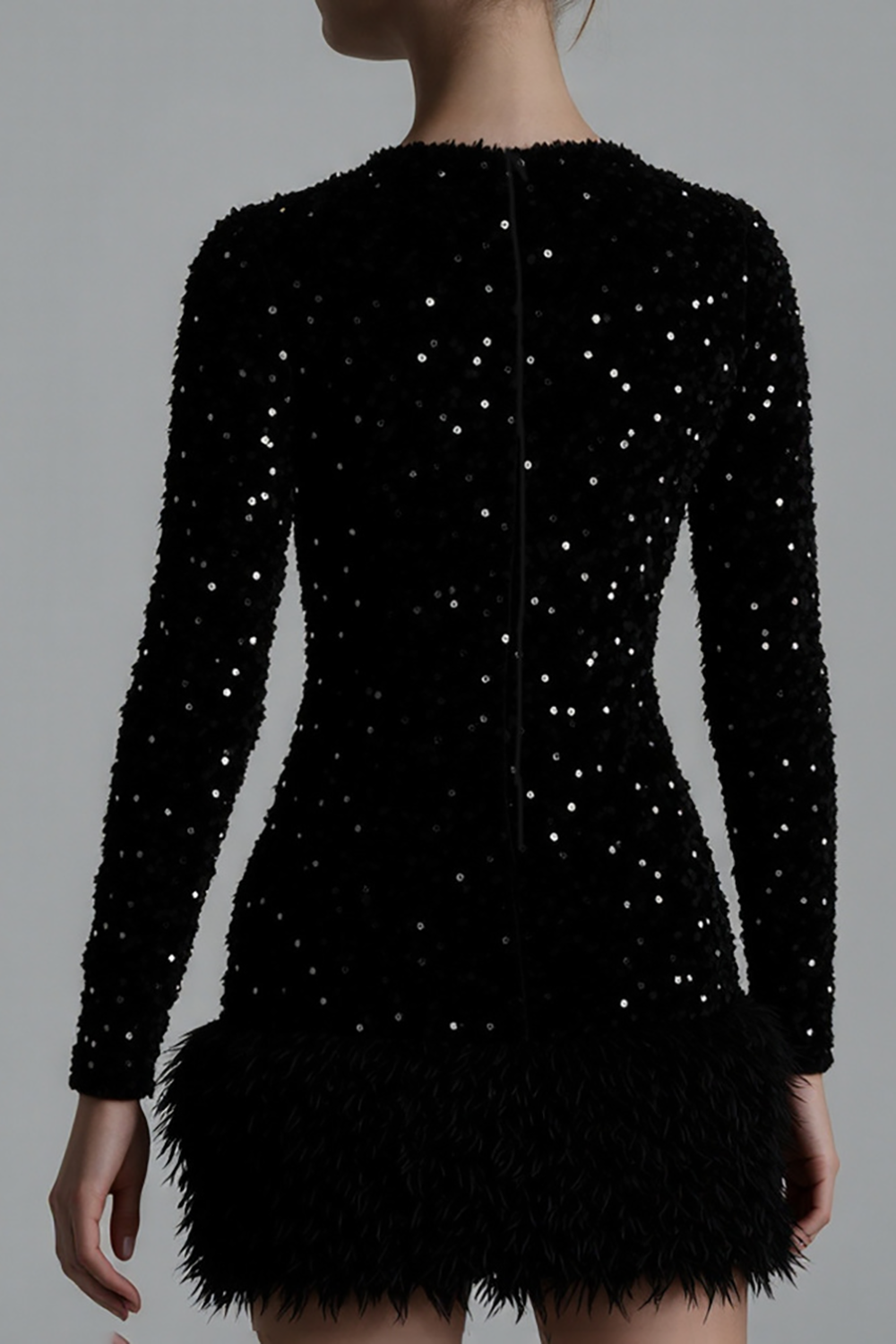 Sequins Round Neck Long Sleeve Plush Patchwork Hem Mini Dresses-Black