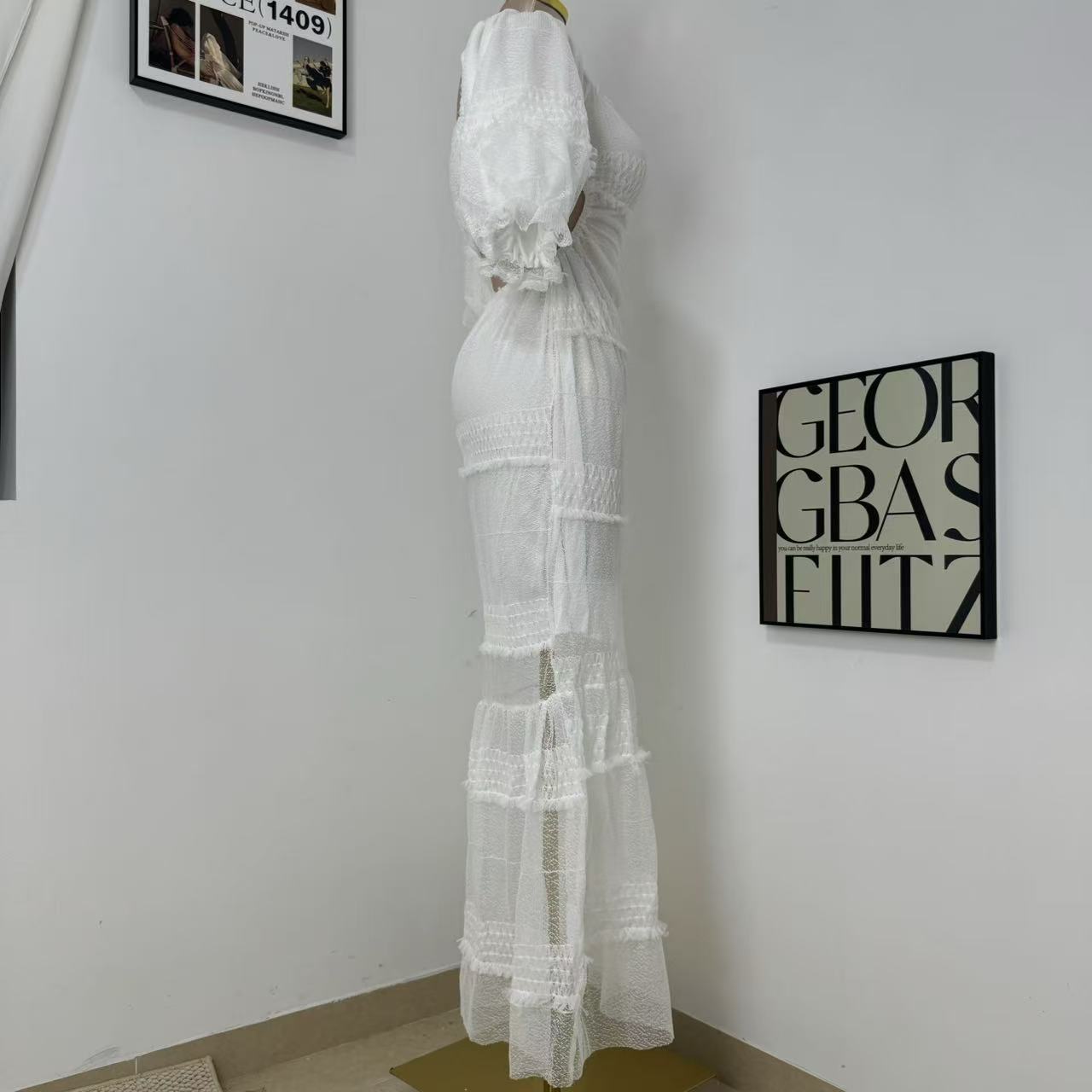 White Lantern Sleeve Suspender Dress