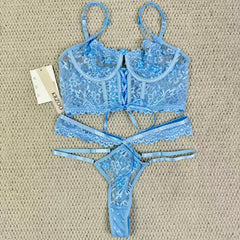 Lace bra with sequins and 3D small flower set