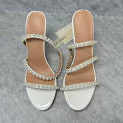 Open-toe rhinestone pearl high heels