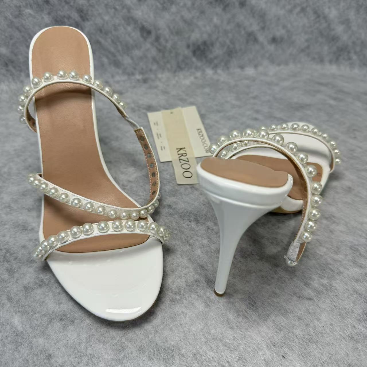Open-toe rhinestone pearl high heels