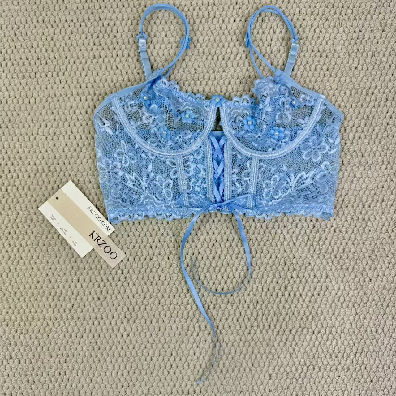 Lace bra with sequins and 3D small flower set
