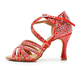 Women's Red Customized Heel Strappy Dance Shoes With Crystals