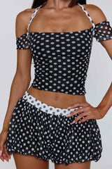 Polka Dot Off Shoulder Halter Top Pumpkin Shorts 2pcs Set-Black Pre Order