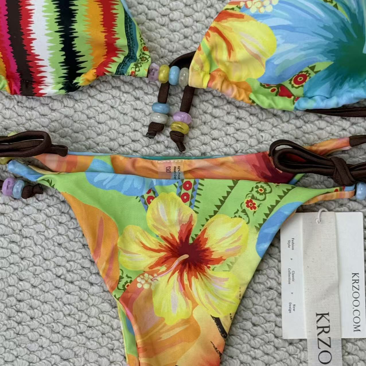 Tropical flower print beaded strapless bikini
