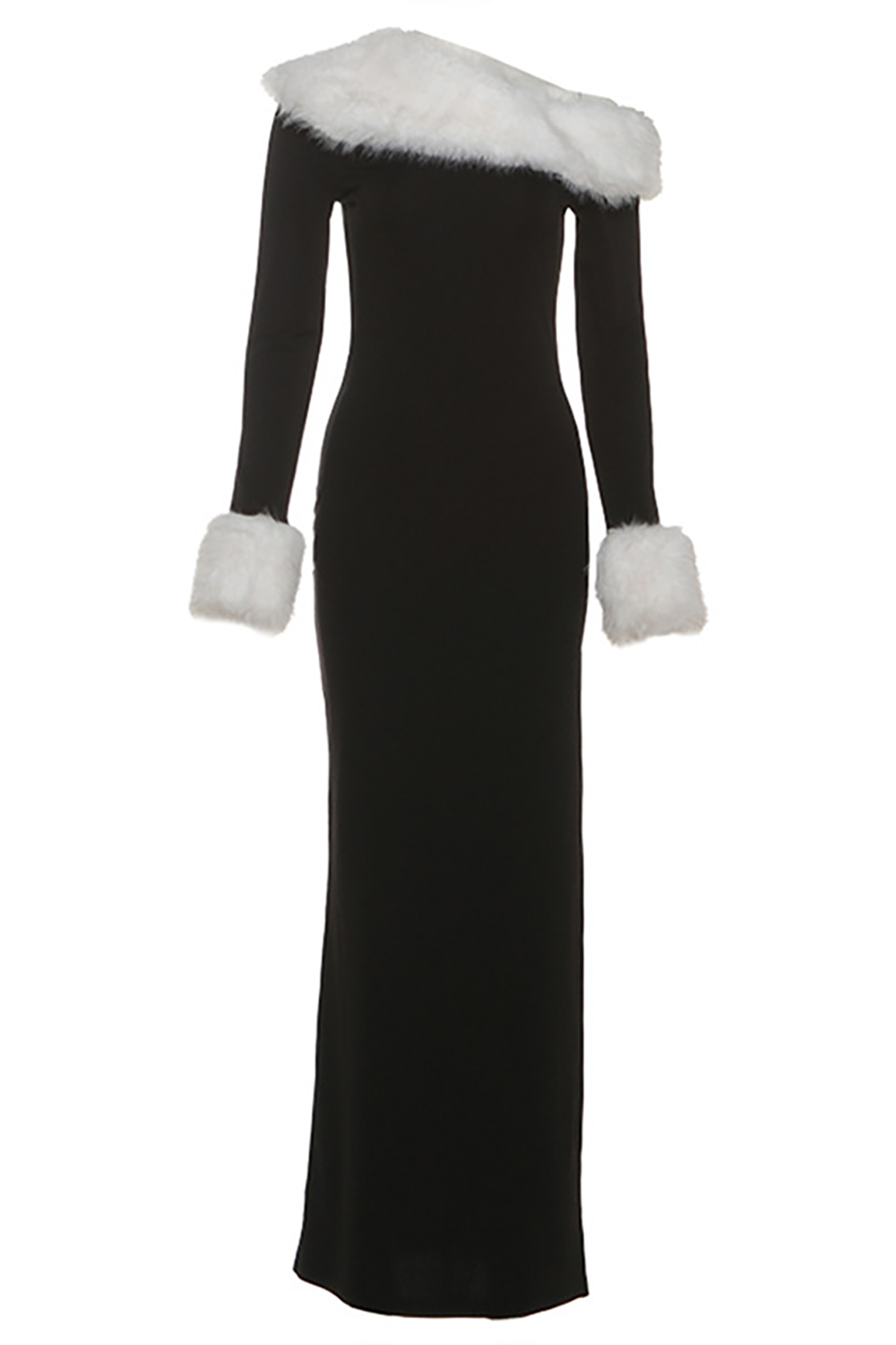 Fuzzy Patchwork Off Shoulder Slim Fit Colorblock Maxi Dresses-Black