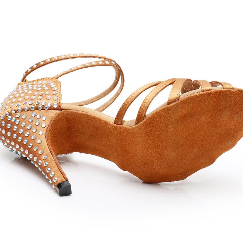 Women's Bronze Satin Rhinestones Customized Heel Latin Dance Shoes