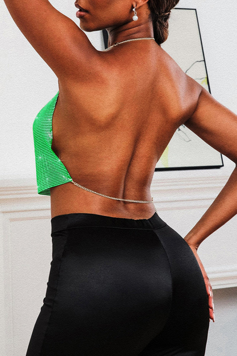 Cowl Neckline Sequin Party Shimmery Halter Crop Top Gold