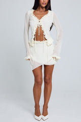 V Neck Ruffled Drawstring Tie Top Mini Skirt Party 2pcs Set-White Pre Order
