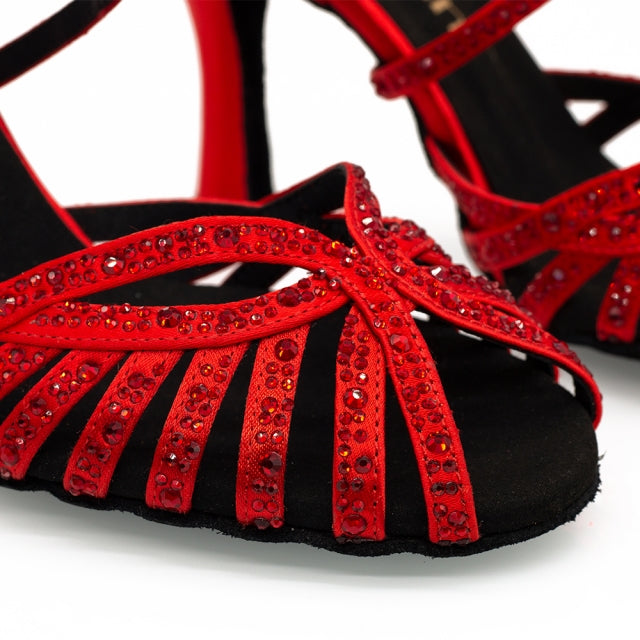 Women's Red Satin & Rhinestones Sandal Customized Heel Dance Shoes