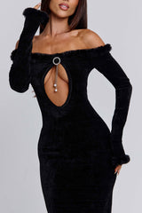 Off Shoulder Keyhole Neck Fuzzy Trim Velvet Maxi Dresses-Black Pre Order